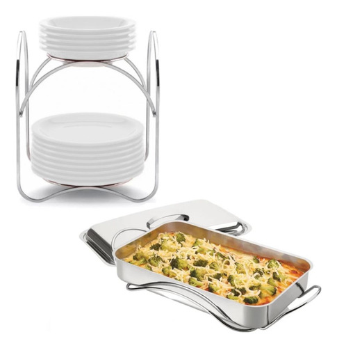 Suporte Com Assadeira Inox 3 Peças + Suporte Para Pratos Ele