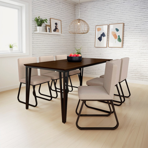Mesa Com 6 Cadeiras Industrial 1,8 Aspen Pr/imb/beg - M.a Cor Preto Fosco/imb/linho Bege