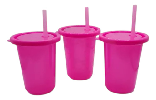 Set 3 Vasos Con Tapa Y Popote Plastico