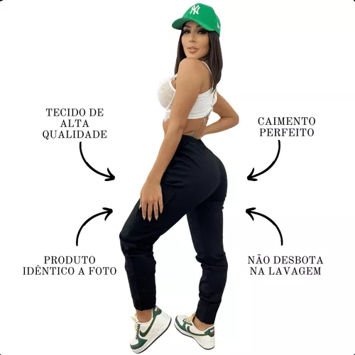 Calça Cargo Jeans Jogger Feminina Cintura Alta Bolso Lateral Stillger