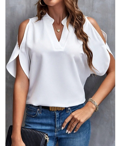 Blusa Elegante Con Cuello En V Y Mangas De Encaje De Verano