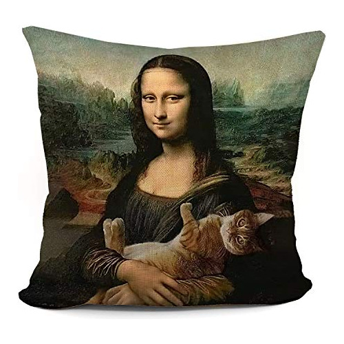 Divertida Funda De Almohada De Mona Lisa Y Gato, Regalo...