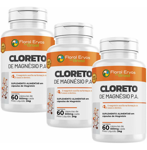 Kit 3x Cloreto De Magnésio P.a - 60 Capsulas - Floral Ervas Sabor Sem Sabor