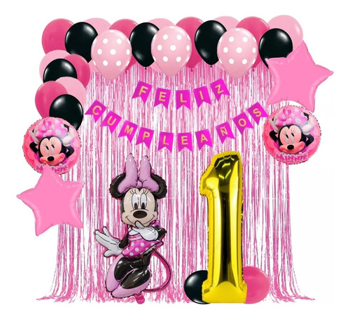 Kit Decoración Minnie Mouse Cortina Fucsia Numero Negro