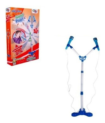 Microfone Duplo Infantil C/pedestal Superpop-conecta Celular Cor Azul