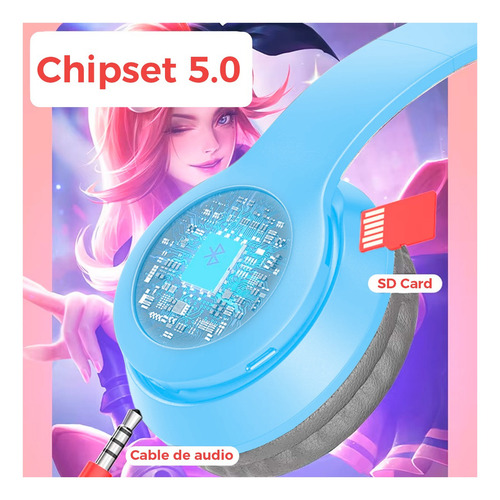 Audífonos Orejas De Gato Infantiles Bluetooth Auriculares Color Azul Luz RGB