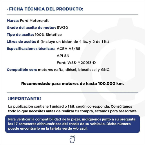 Imagen 2 de 9 de Kit De Aceite Motorcraft 5w30 Sintético Ford Focus X 6 Lts.