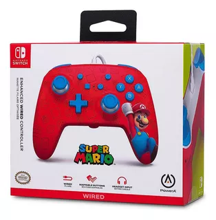 Mando Powera Con Cable Para Nintendo Switch Woo Hoo Mario Color Rojo