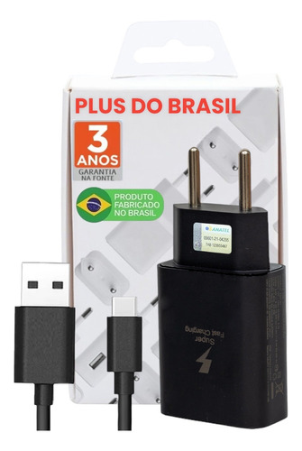 Plus Do Brasil Carregador Turbo Tipo C Para Samsung Motorola Xiaomi LG iPhone 15 - Com Cabo Blindado Premium Fabricado No Brasil