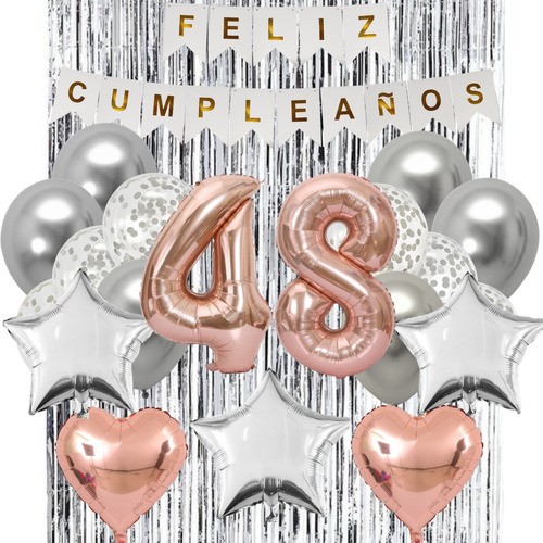 Combo Kit Cumpleaños Fiesta Globos Deco Plata Rosa Gold