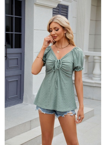 Camiseta Sexy De Verano Con Cuello En V Y Cintura Con Cordón