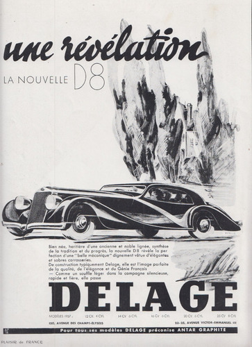 1937 Publicidad Vintage De Automovil Delage D8 Francia Raro