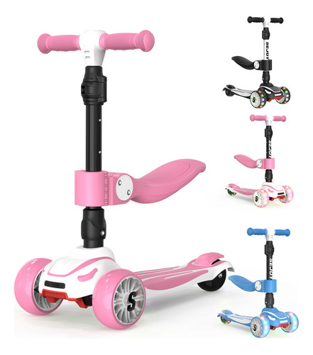 Sejoy BALBI-008 Scooter Juguete Patinete Plegable Con Asiento Ideal Patín Del Para Niños Con 3 Ruedas Y Luces LED Color Rosa