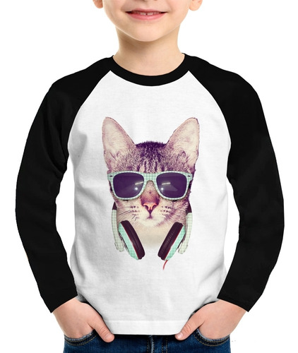 Camiseta Raglan Infantil Gato Headphone Longa
