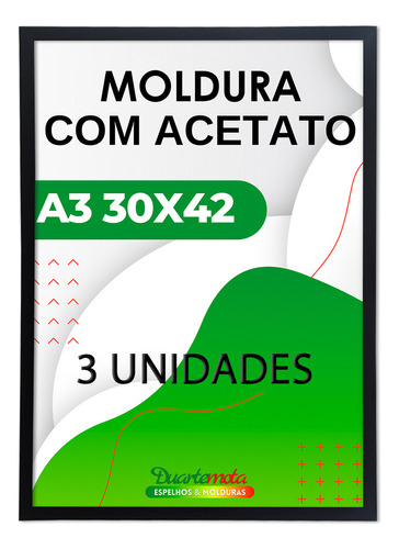 Kit 3 Quadros Molduras Madeira Tamanho A3 30x42 Com Acetato Cor Preta