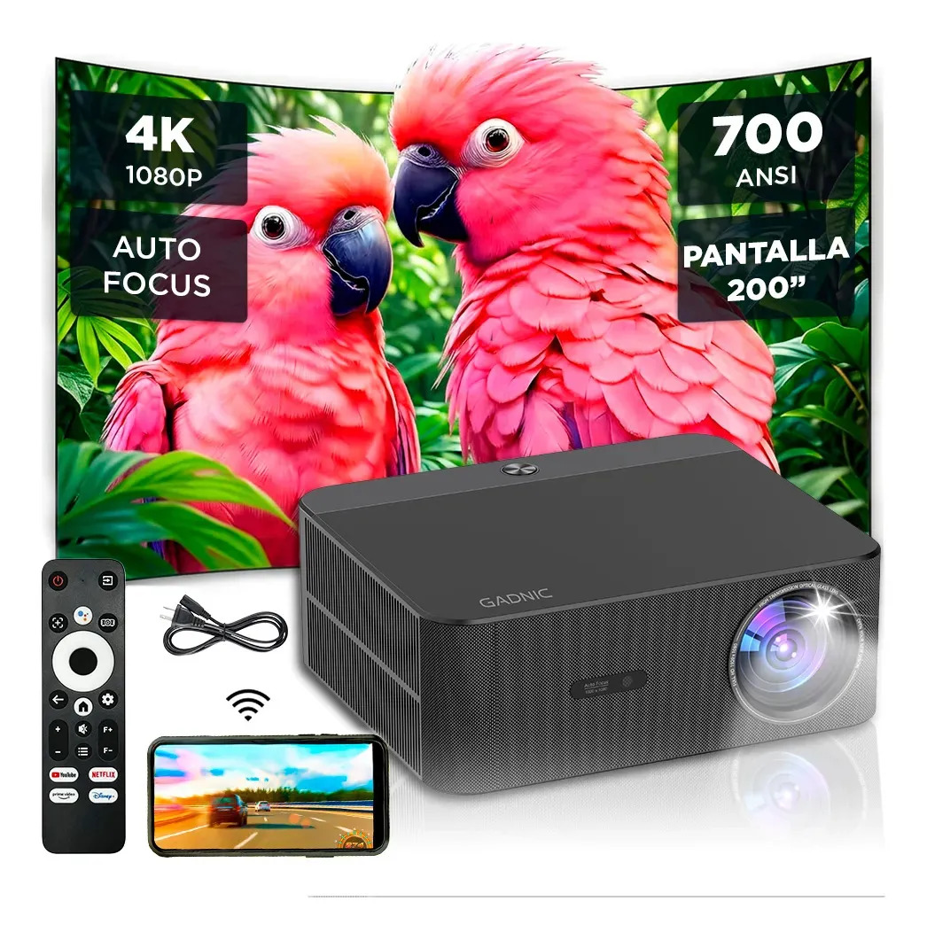Proyector Gadnic FHD 5 Pulgadas 700 ANSI GTV Conexion Inalambrica BT 5.0 Auto Focus Correccion Trapezoidal Automatica 40 A 200 Pulgadas Parlante HiFi