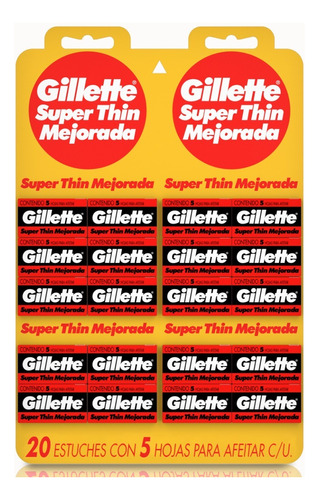 Gillette Super Thin Mejorada Roja 20 X 5 Hoja De Afeitar - Filo Simple Acero Inoxidable - Blister 20 Cajas de 5 Unidades C/U