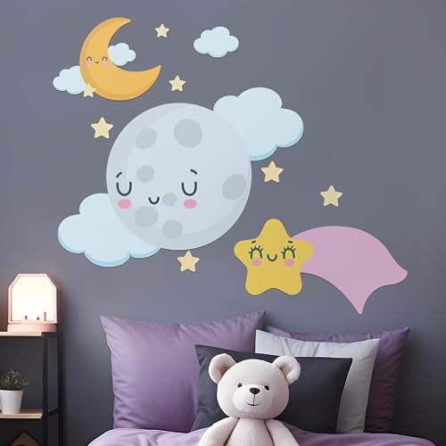 Adhesivo De Pared Con Diseño De Luna Y Estrellas Para Decora