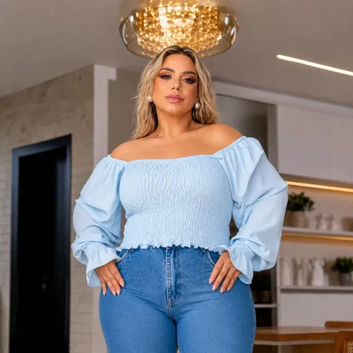 Blusa Cropped Plus Size Ciganinha Lastex Manga Longa Bufante