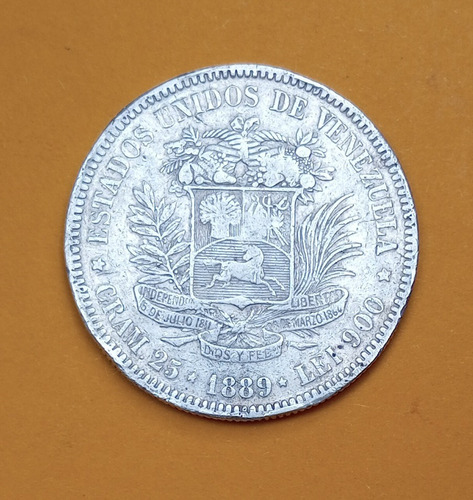 1889 Moneda De 5 Bolivares O Fuerte De Plata. Conción: Vf.