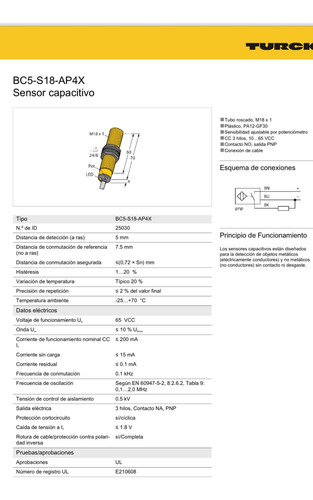 Sensor Capacitivo Turck Bc5-s18-apax 25030