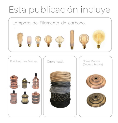 Imagen 2 de 10 de Portalampara + Lampara + Cable Textil + Floron Vintage
