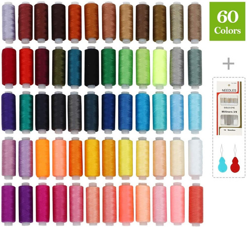 SOLEDI Kit de Costura de Bobinas de 60 Hilos de Colores para Coser 16 Agujas para Coser y 2 Enhebradores Adecuados para Coser ropa a Mano y a máquina Acolchado Bordado Costura 