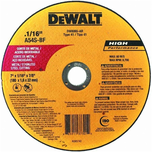 Disco Abrasivo P/ Corte Inox 7x1.6x7/8 Pol. Dw8065-ar Dewalt