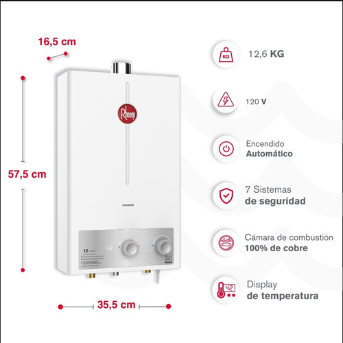 Calentador De Agua 12lt Gas Propano Tiro Forzado Rheem Color Blanco Tipo de gas GLP 120V