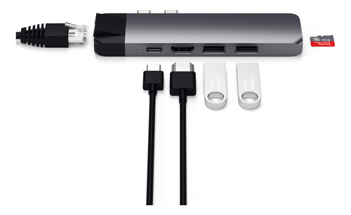 Adaptador Hub Usb-c Satechi P/ Macbook Pro E Air Com Hdmi 4k, Ethernet Rj-45, Usb-a, Usb-c Pd, Leitor Sd E Microsd Estação Completa Para Trabalho, Estudo E Home Office