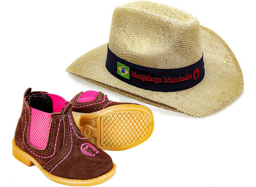 Combo Bota Infantil Couro Feminina + Chapeu Mm + Cinto Luxo