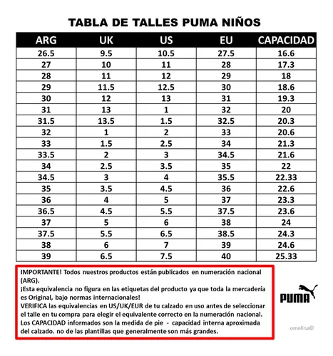 Tabla de tallas zapatillas puma argentina deals