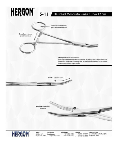 Imagen 2 de 2 de Pinza Mosquito Halstead Curva 12cm Acero Inoxidable Hergom