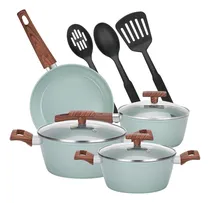 Comprar Bateria De Cocina 10 Piezas Antiadherente Aluminio Granito Menaje Chef Choice Color Verde Agua Olla Sartén Cocina