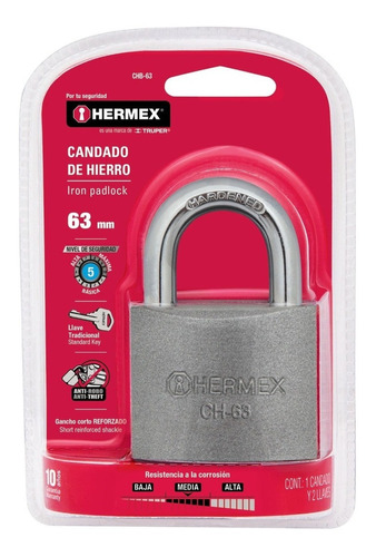 Candado De Hierro, 63mm, Gancho Corto, Blister Hermex 43803