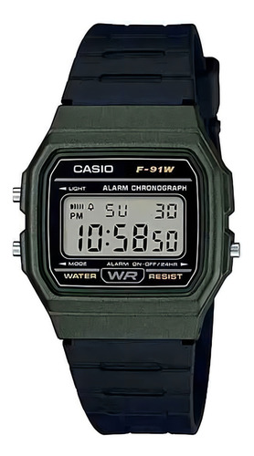 Reloj de pulsera Casio Collection F-91W-3dg de cuerpo color verde, digital, para hombre, fondo gris, con correa de resina color negro, dial negro, minutero/segundero negro, bisel color verde, luz verde y hebilla simple