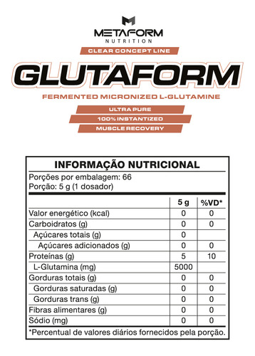 Glutamine L-glutamina 100% Pura Sem Sabor 330g - Metaform