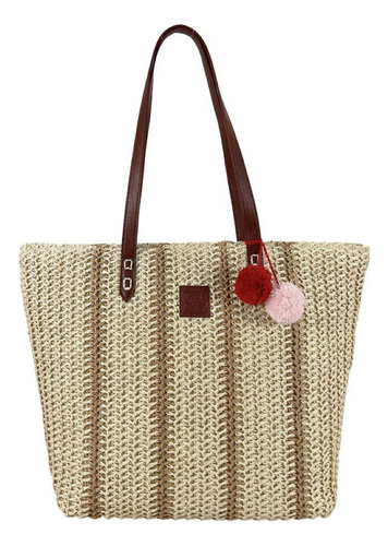 Cartera De Playa Trendy Rafia Mujer Cierre Canasto Acabado De Los Herrajes Níquel Color Marrón Diseño De La Tela Liso