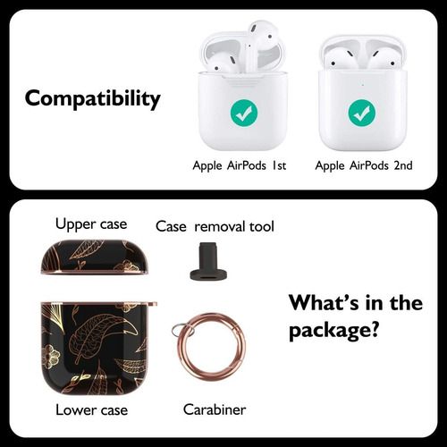 Funda Para AirPods 1 Y 2 Diseño Hojas Color Negro Con Clip