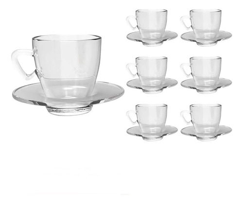 Jogo 6 Xícara Café Chá Com Pires Vidro Transparente 90ml