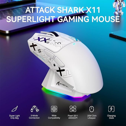 Mouse Gamer X11 Attack Shark Tri Mode 22000dpi S Fio C Dock Branco