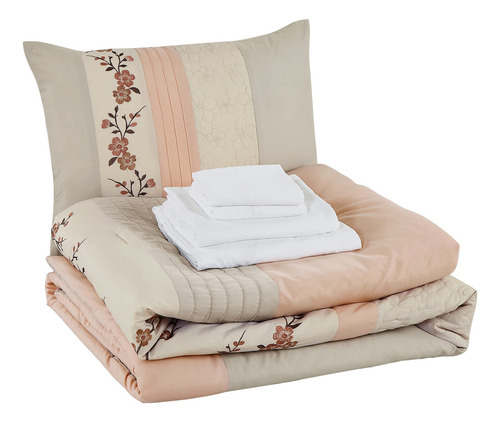 Juego De Edredón 7 Piezas Cama Matrimonial Florido Rubor Gri