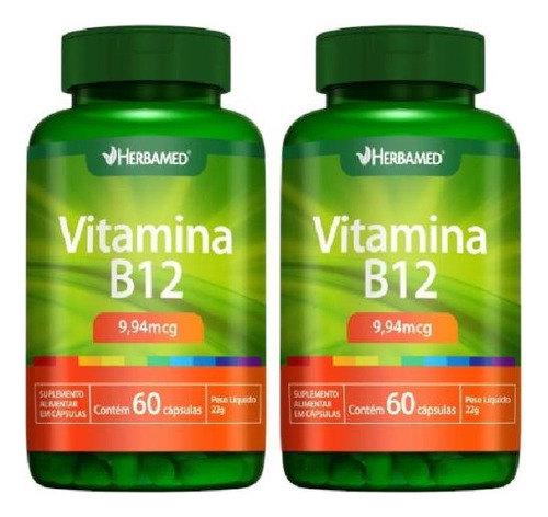 Kit Herbamed Vitamina B12 Com 2 Potes 60 Cápsulas Cada Sem Sabor