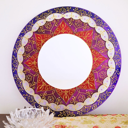 Imagem 2 de 6 de Mandala Violeta E Rosa Em Vidro De 40cm E Espelho 20cm
