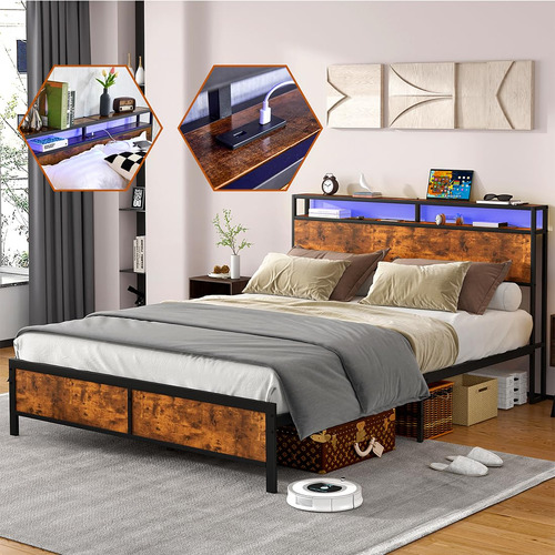 Base De Cama Con Luces Led Usb Almacenamiento Y Fácil Montaj