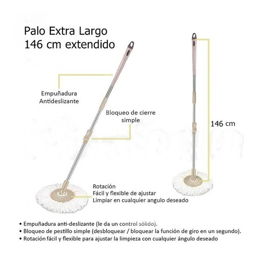 Imagen 2 de 5 de Balde Lampazo Premium Desmontable 3 Mopas Palo Largo 146 Cm