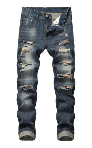 Jeans Rectos Desgastados Casuales Ajustados Para Hombre