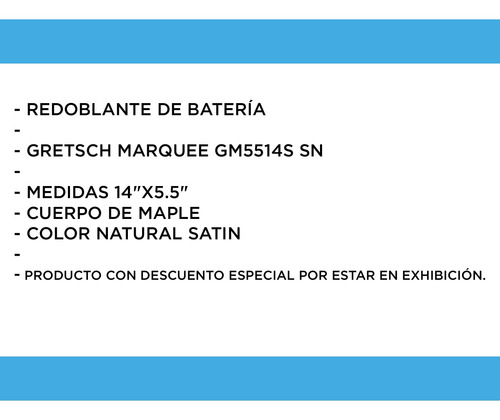 Imagen 3 de 10 de Redoblante De Bateria Gretsch Marquee Gm5514s Sn Sale%