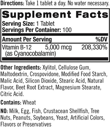 Vitamina B12 Natrol 5000mcg Sublingual/100 Unidades Sabor Frutilla