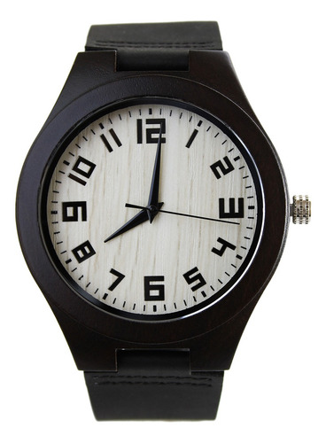 Imagen 1 de 10 de Reloj Madera Correa Cuero Negro Marcadores Numéricos